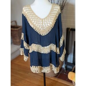 NWT Cato Woman Plus Size 26/28W Navy Blue Crochet Open Knit Trim Tunic Top Boho